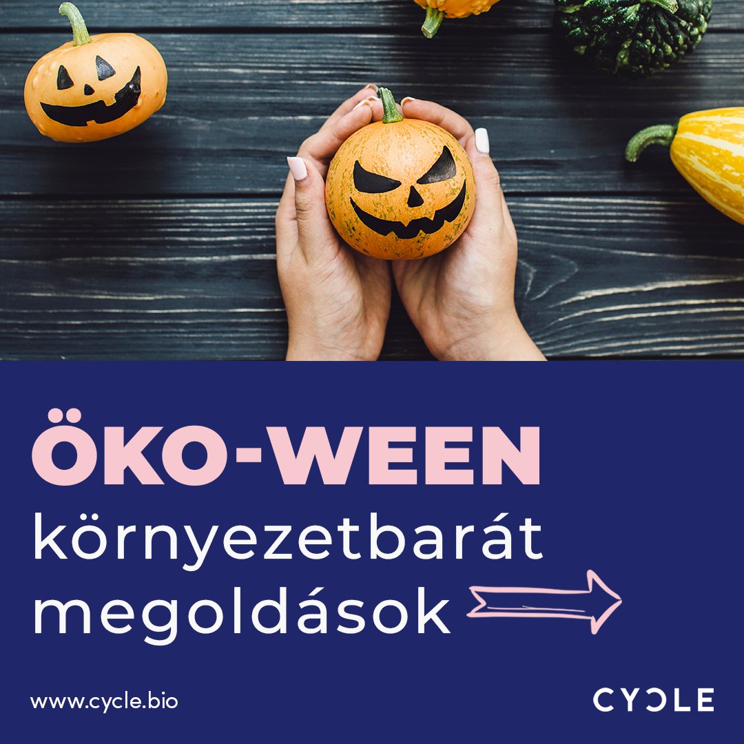 Két tenyérben narancssárga Halloween tök, alul pedig szöveg környezetbarát megoldásokkal